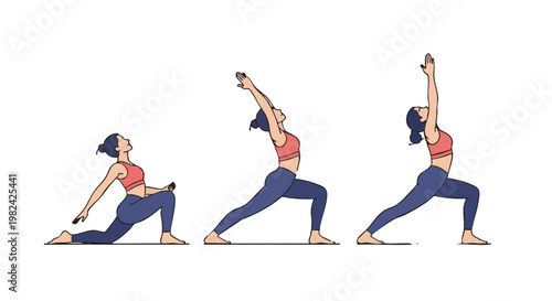 Woman doing sun salutation yoga poses. Illustration of a woman in various yoga postures