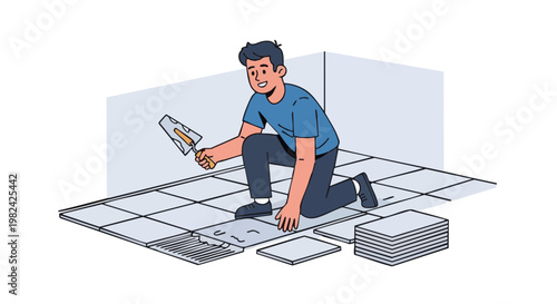 Smiling Man Laying Floor Tiles with Trowel, Home Renovation and Improvement Illustration