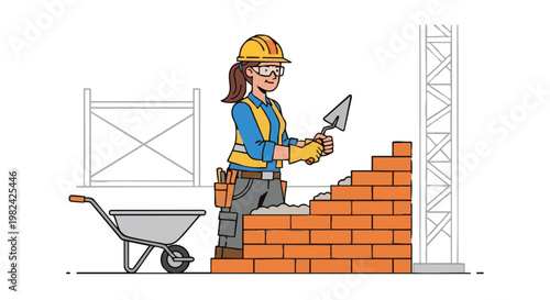 Woman bricklayer working at a construction site illustration
