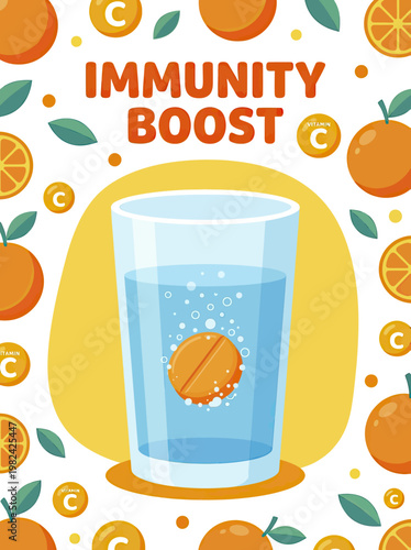 Effervescent vitamin C tablet dissolving in a glass of water for immunity boost.