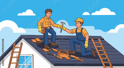 Father and son repairing roof together with tools and ladders under a blue sky with clouds, showing teamwork and home maintenance
