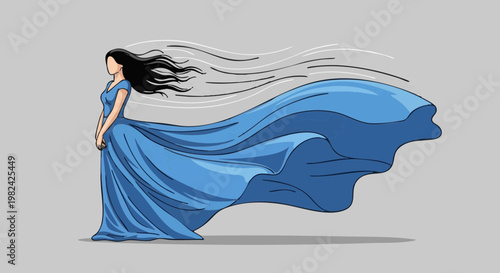 Woman with long black hair and flowing blue dress in windy weather, minimalist illustration