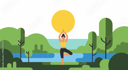 Woman practicing yoga tree pose outdoors under the sun in a natural landscape with trees and water