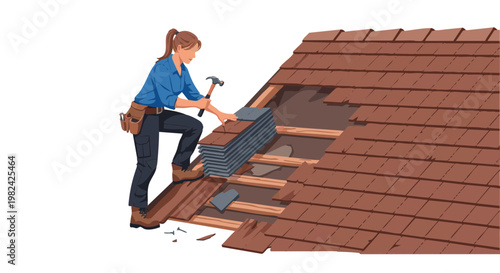 Woman Repairing Old Roof Shingles with Hammer and Tool Belt, Working on House Renovation