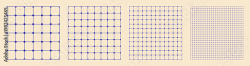 Square grid collection node circle geometry, four samples blueprint style. Round junction lattice structure, interface layouts editorial compositions planning sheets dashboards digital technology.