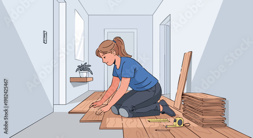 Woman installing laminate flooring in a hallway, home renovation project