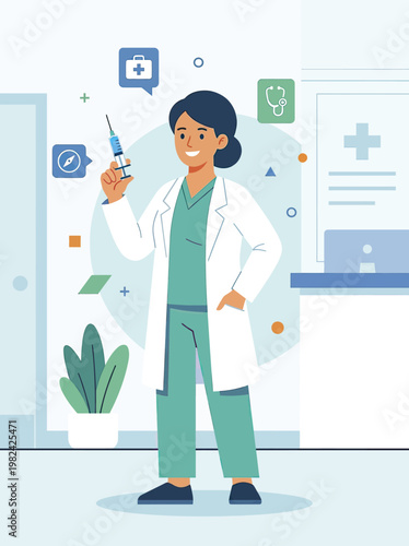 Female Doctor Holding Syringe Smiling.