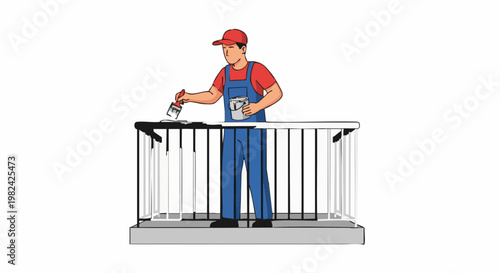 Worker painting a balcony railing with a brush and paint can, wearing blue overalls and a red cap, isolated on white