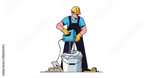 Worker mixing tile adhesive illustration with construction tools. Person in hard hat and gloves preparing cement solution
