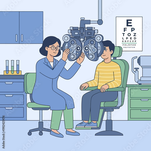 Female Optometrist Examining Male Patient Eyes.