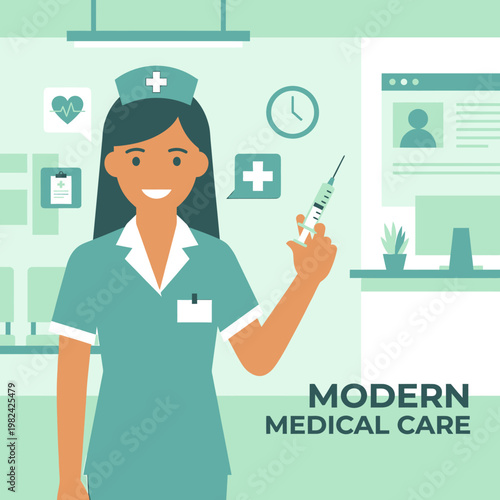 Female Nurse Holding Syringe Smiling.