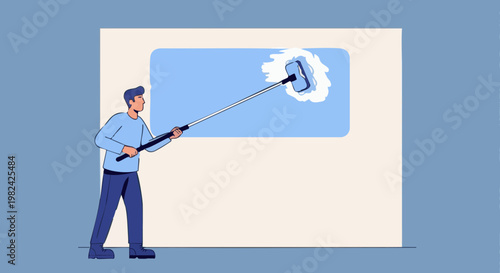 Man painting wall with sponge roller, home renovation and improvement