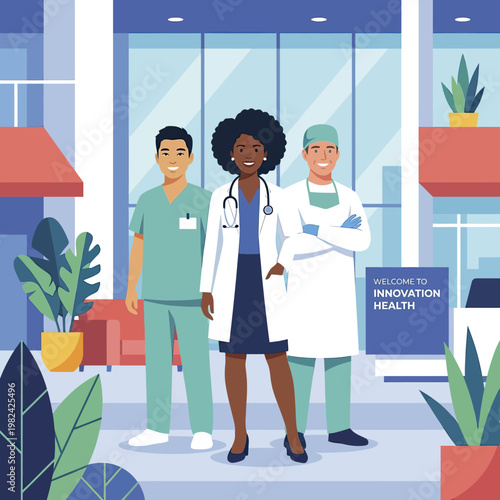 Female doctor with two colleagues standing.