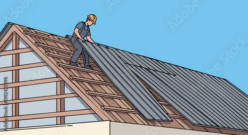 Worker installing roof metal panels on a residential house under a clear blue sky