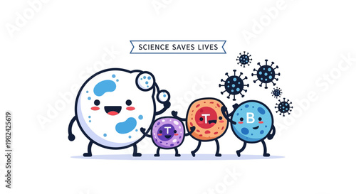 Cute cartoon illustration of immune cells protecting against viruses, symbolizing health and science