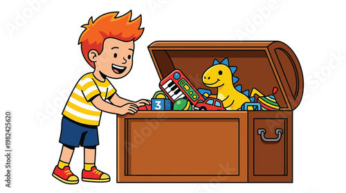 Happy Little Boy Opening a Wooden Treasure Chest Filled with Colorful Toys and Games Cartoon Illustration on White Background