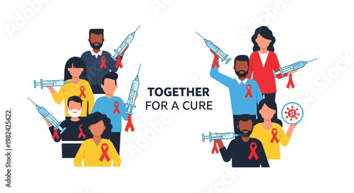 Together for a Cure Diverse group of people holding syringes and red ribbons, symbolizing unity and hope in the fight against disease