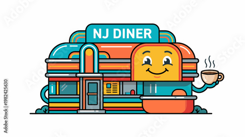 Charming retro American diner illustration with a friendly cartoon mascot serving hot coffee, evoking a nostalgic and welcoming breakfast or lunch spot