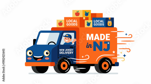 Friendly delivery truck transporting locally sourced goods and products made in New Jersey, highlighting efficient regional commerce and small business support