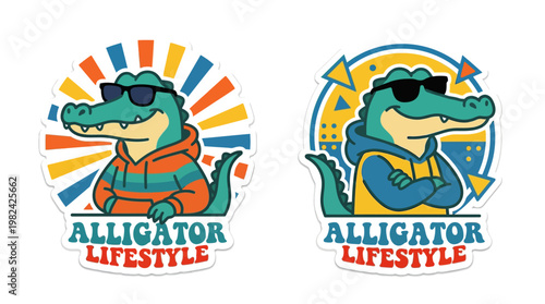 Cool alligator with sunglasses wearing a hoodie, embodying a relaxed and stylish lifestyle with vibrant circular backgrounds