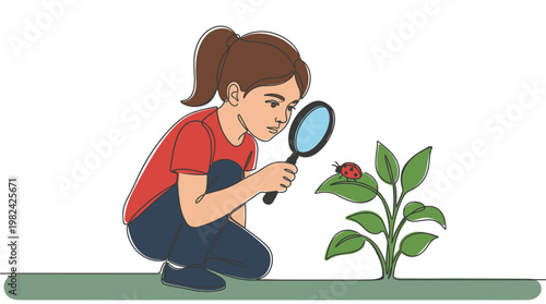 Little Girl Exploring Nature with Magnifying Glass Looking at Ladybug Continuous Line Art Illustration for Education and Discovery