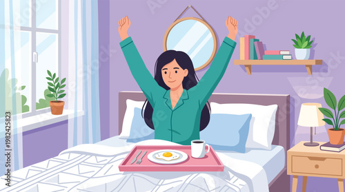 Young woman in pajamas stretching arms after waking up with breakfast in bed in cozy bedroom vector illustration