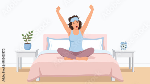 Young woman waking up in bed stretching and yawning in the morning illustration for wellness and sleep hygiene concepts