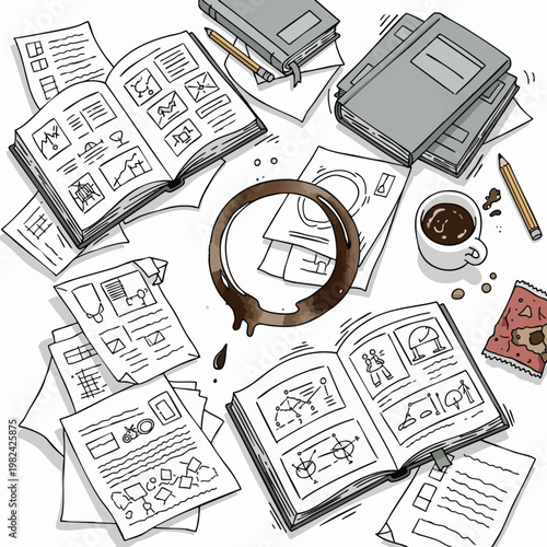 Creative workspace with open comic books vintage camera and coffee for artistic inspiration