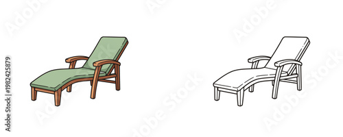 Wooden beach deck chair in flat color and black line styles representing summer relaxation and outdoor poolside furniture for vacation comfort on white background