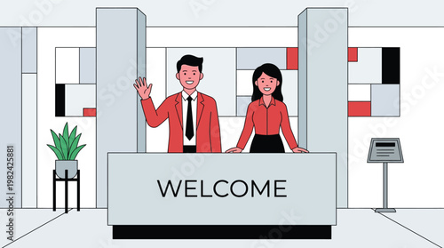Smiling Business Receptionists Greeting Visitors at Welcome Desk Flat Vector Illustration