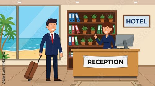Friendly hotel receptionist greeting businessman guest at tropical resort check in desk vector