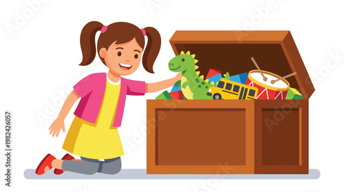 Cheerful Young Girl Putting Away Toys in Wooden Chest Nursery Storage and Childhood Play Vector Illustration isolated on white