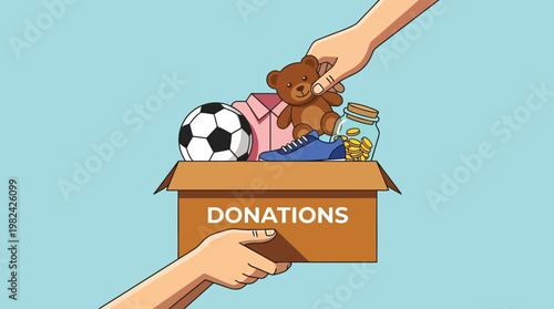 Charity Donation Box with Toys Clothes and Money for Community Support and Humanitarian Aid Vector Illustration