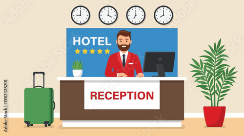 Friendly male receptionist working at a luxury five star hotel lobby reception desk with green luggage and world clocks vector illustration