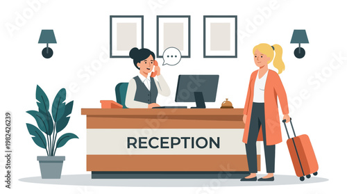 Professional Hotel Receptionist Answering Phone for Reservation While Guest with Luggage Waits in Lobby Illustration