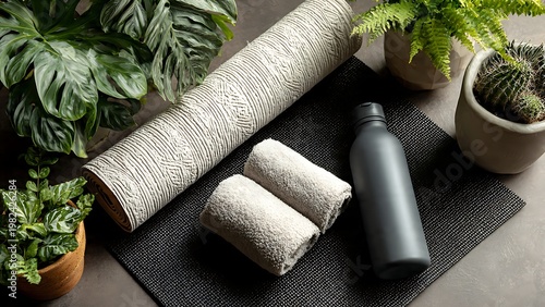 Serene Yoga Essentials: A carefully curated arrangement of yoga essentials, including a rolled yoga mat, soft towels, and a sleek water bottle, set amidst a backdrop of lush green plants.