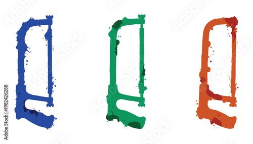 Hacksaw splatter silhouettes in blue, green, and orange