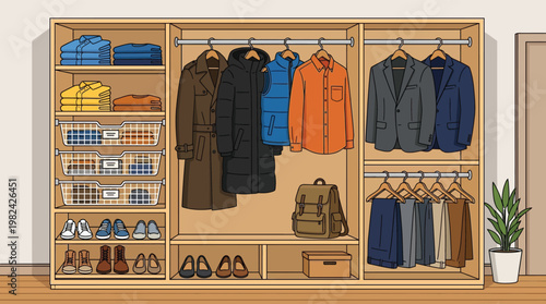 Modern Organized Mens Wooden Wardrobe Illustration with Elegant Clothing Accessories and Home Interior Design