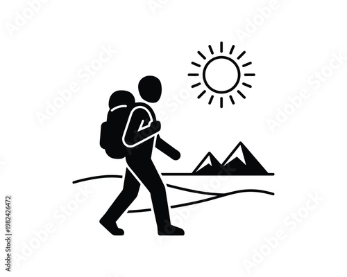 Hiker with backpack walking toward mountains and the sun icon
