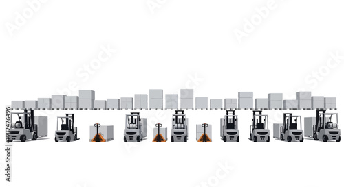 Industrial Logistics and Supply Chain Concept with Forklifts and Cargo Boxes on White Background