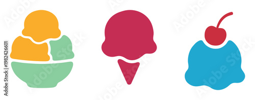 Ice cream dessert vector set with bowl, cone and sundae icons
