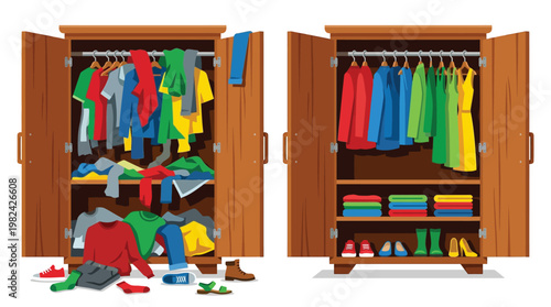 Messy and Organized Wardrobe Vector Illustration showing Decluttering Concept with Neat Folded Clothes and Tidy Closet Comparison