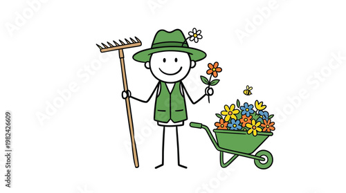 Happy Stick Figure Gardener Character with Rake Wheelbarrow and Spring Flowers for Gardening and Nature Concepts
