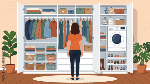 Modern organized wardrobe with woman standing in front of closet with clothes shoes storage and integrated laundry machine