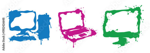 Ink blot computers: desktop, laptop, monitor vector