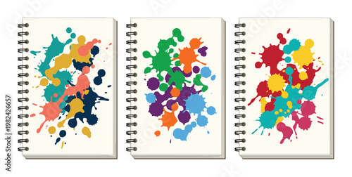 Ink blot notebooks set, colorful splashes, vector illustration art design
