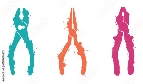 Ink blot pliers set, teal, orange, and pink tools art