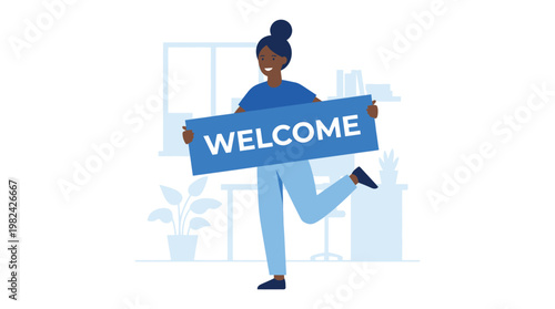 Happy Black Woman Employee Holding Welcome Sign in Modern Minimalist Office Vector Illustration for HR and Business Onboarding