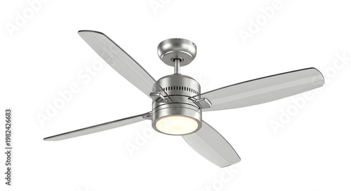Photos A sleek silver ceiling fan with light against a black background
