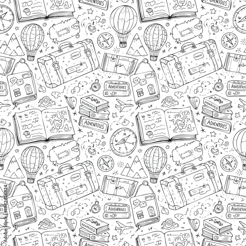 Obraz premium Black and White Travel and Adventure Pattern for Creative Projects
